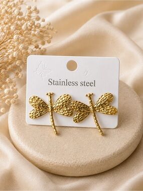 Gold Dragonfly Stainless Steel Stud Earrings - Women Jewelry